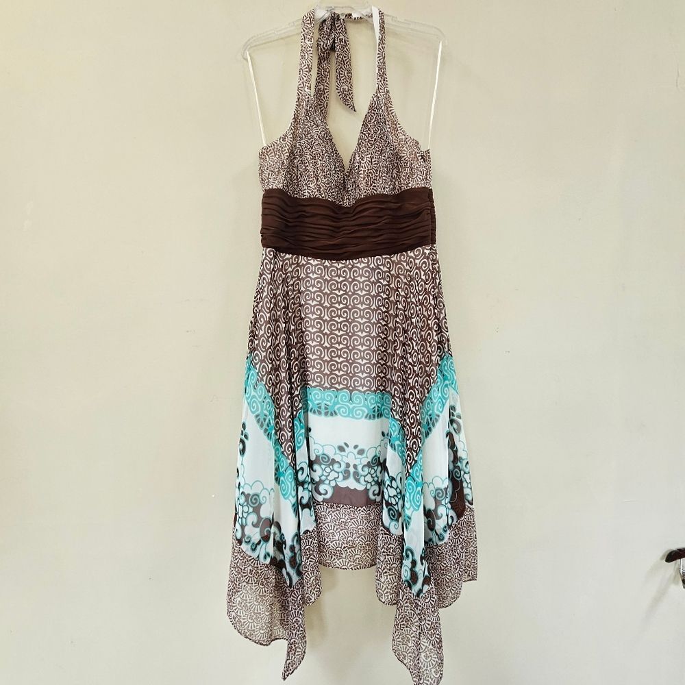 Sangria Halter Dress Women Sz 14 Brown/Teal Y2k Midi Flowy Asymmetric Babydoll